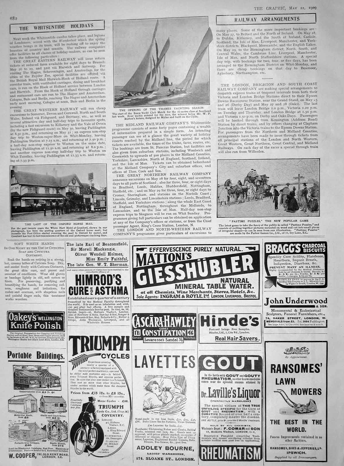 Old Antique Print 1909 Thames Yacht Essex Burton Astara Oxford Horse Mail 20th