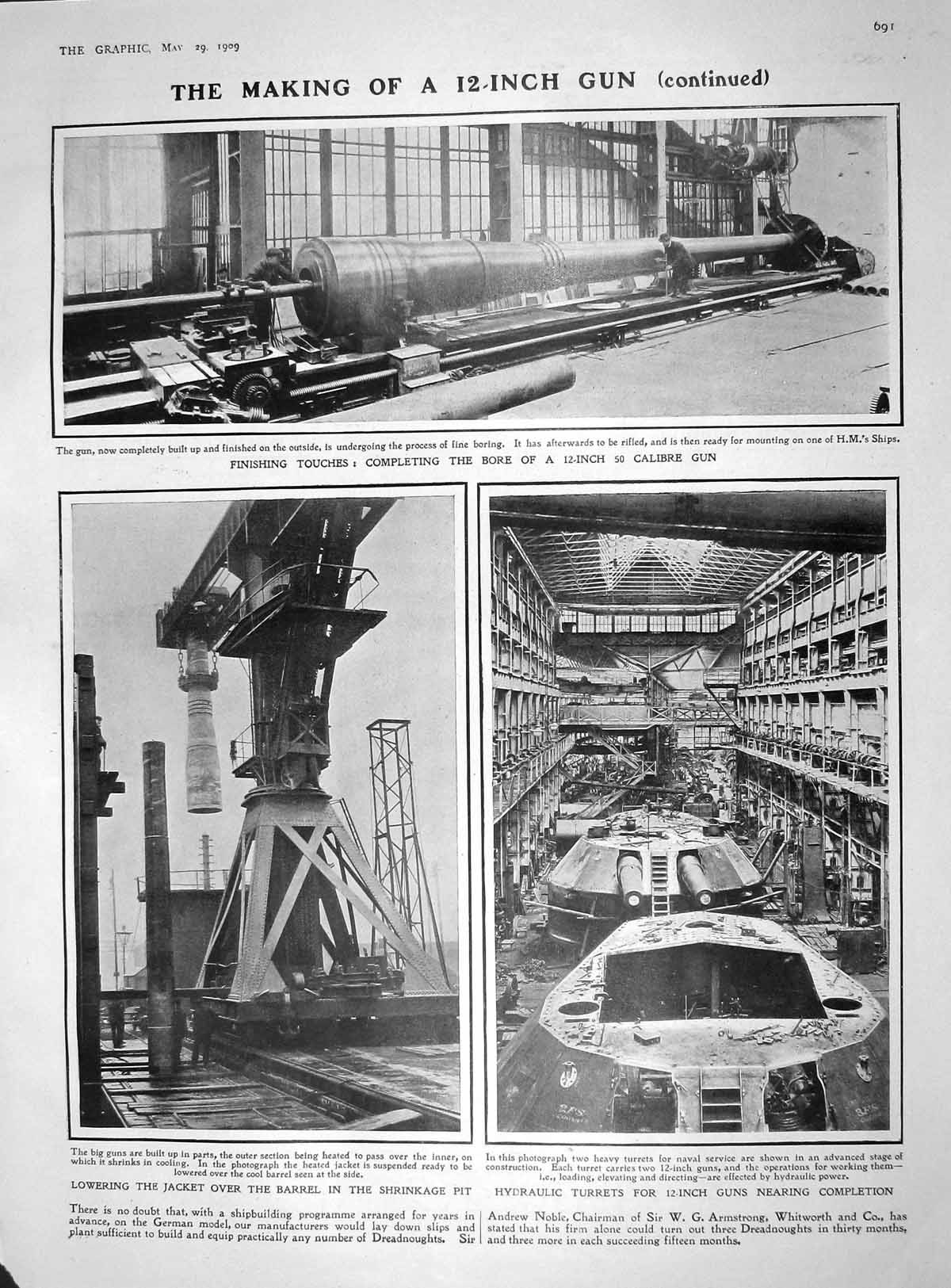 Original Old Antique Print 1909 12-Inch War Gun Factory Prince Roumania Stossel