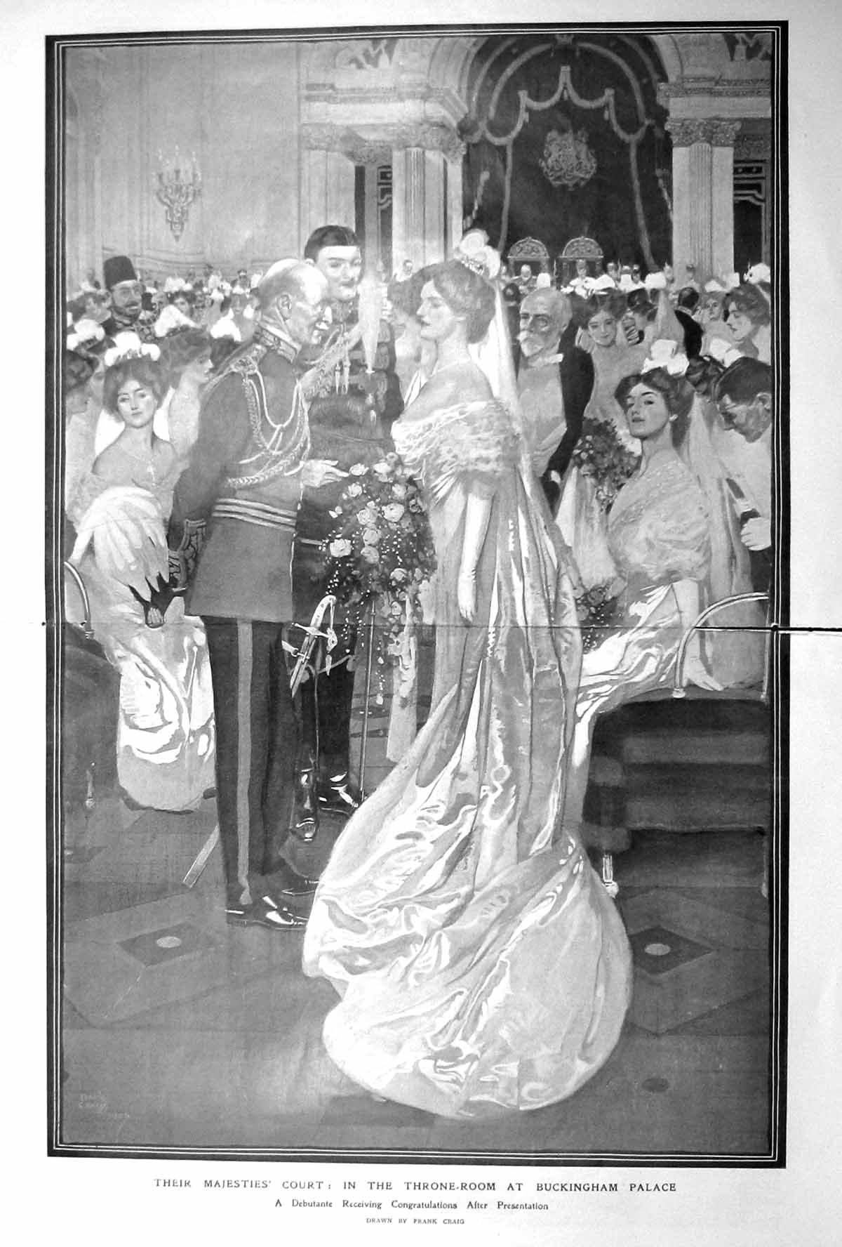 Original Old Antique Print 1909 Throne Room Buckingham Palace Majesties Court