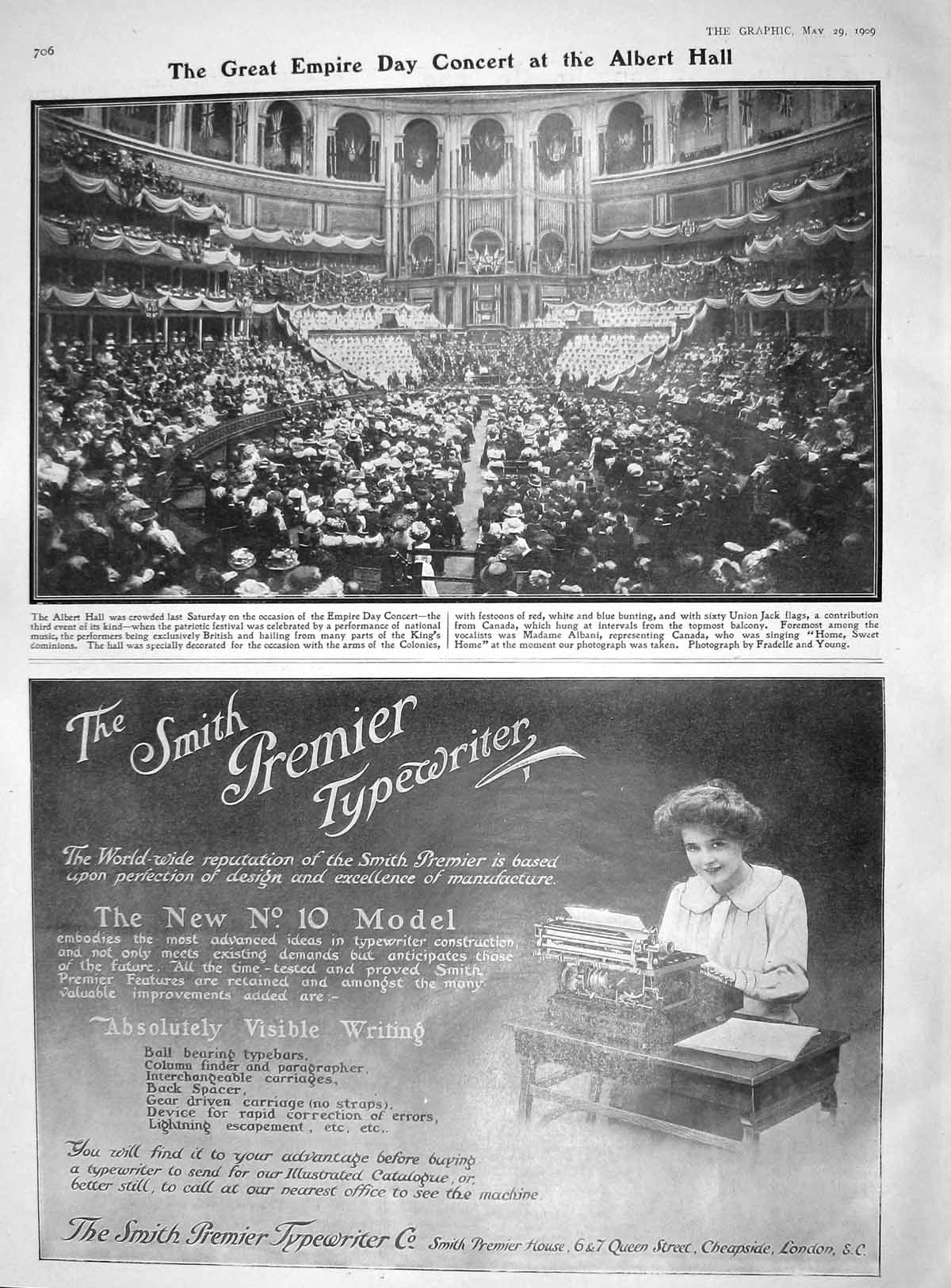 Original Old Antique Print 1909 Empire Day Concert Albert Hall Smith Typewriter