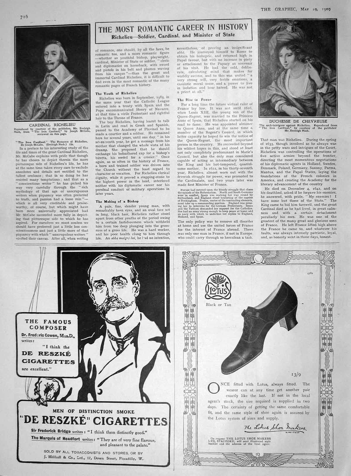 Original Old Antique Print 1909 Cardinal Richelieu Duchess Chevreuse Cigarettes