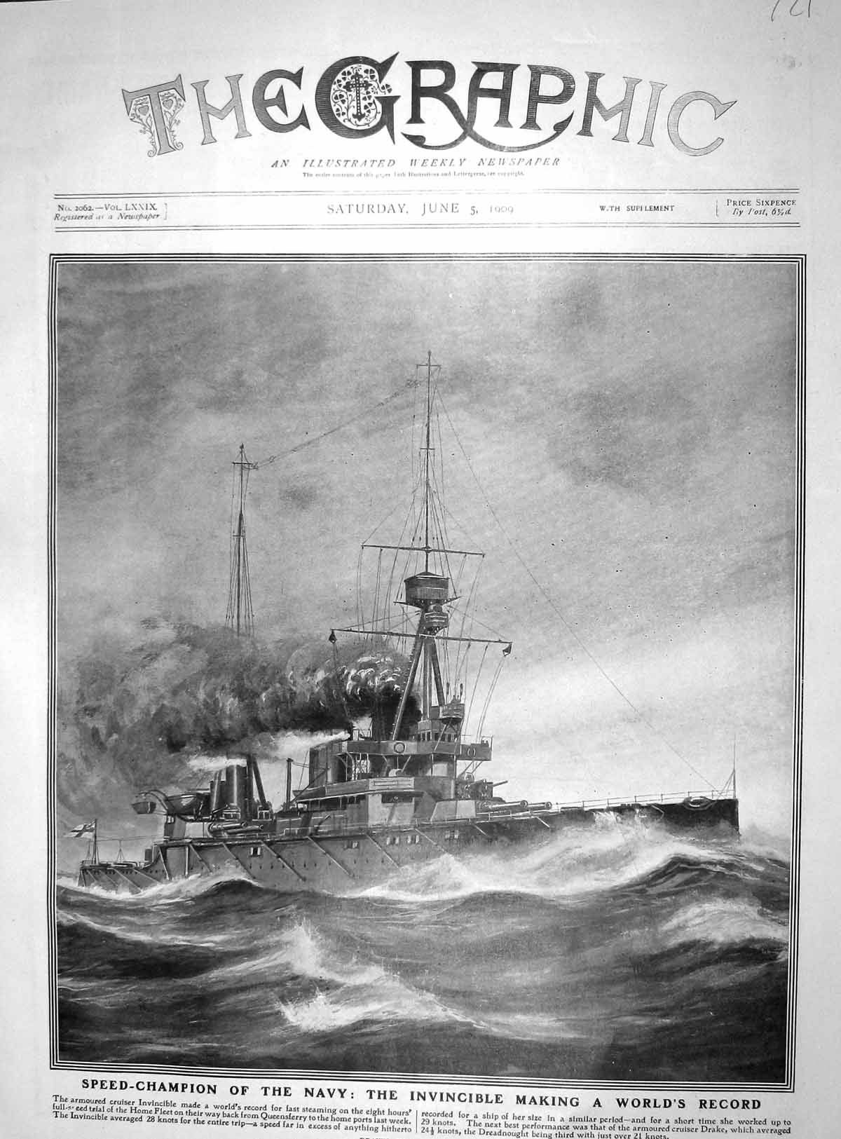 Original Old Antique Print 1909 Speed-Champion Navy War Ship Invincible Record