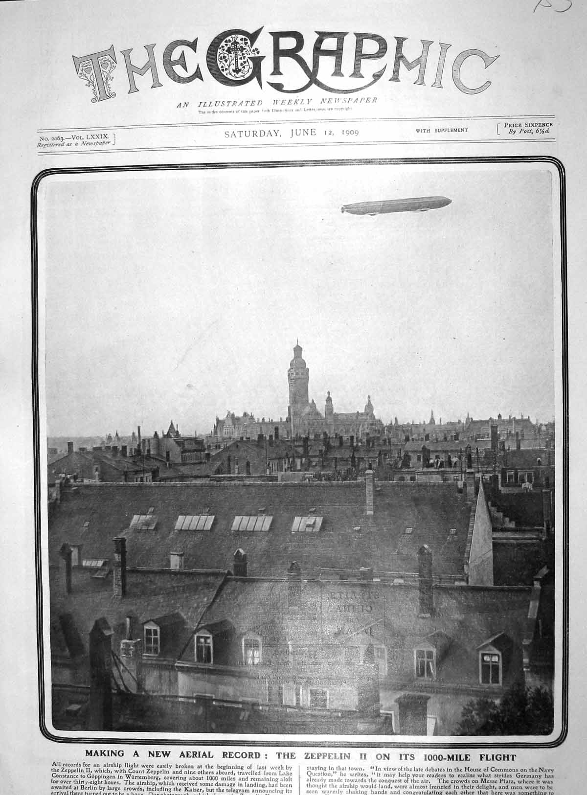 Old Antique Print 1909 Zeppelin Airship Aerial Record Houses Wurtemberg 20th