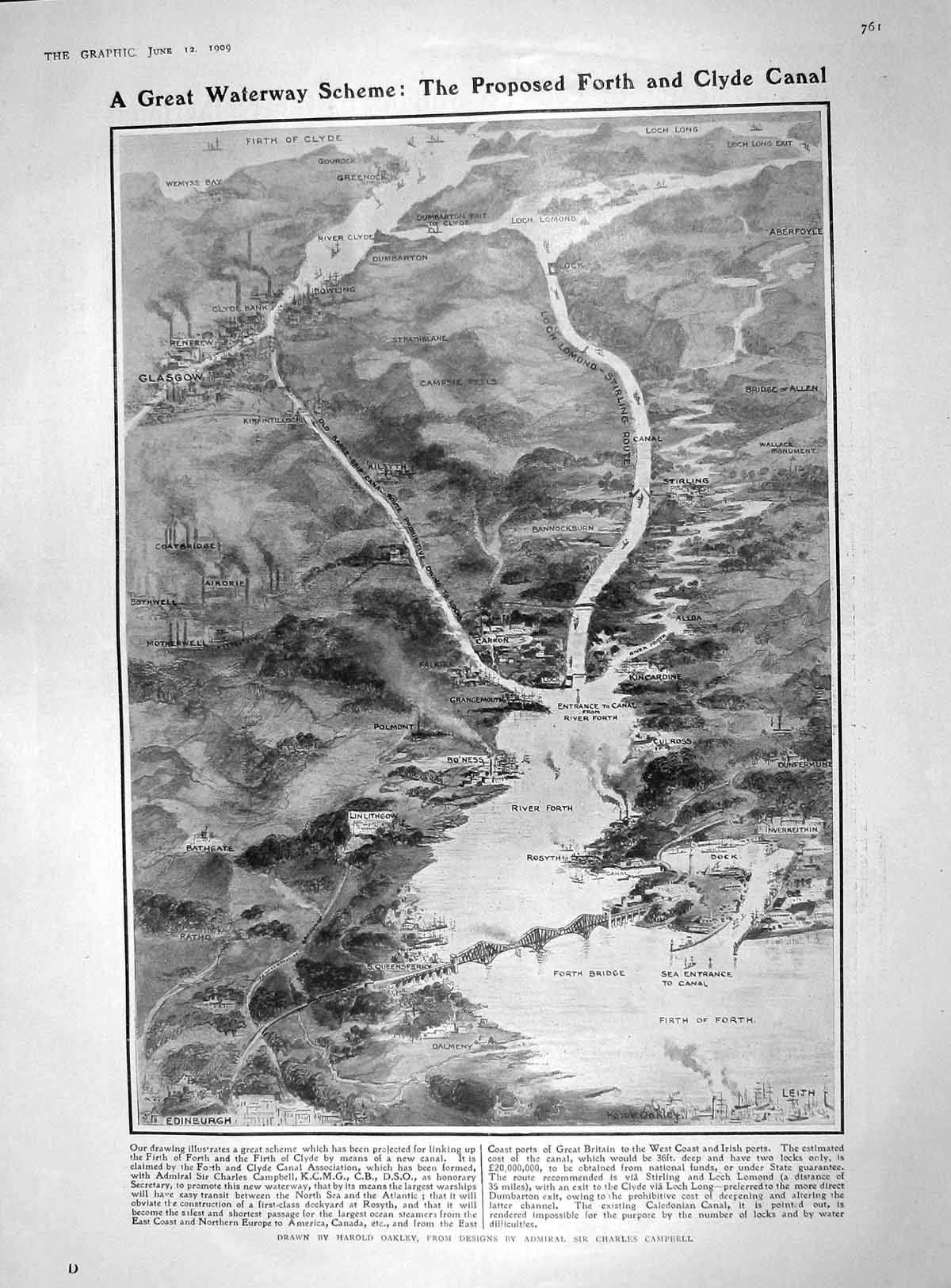 Old Antique Print 1909 Forth Clyde Canal Scotland Princess Juliana Hague 20th