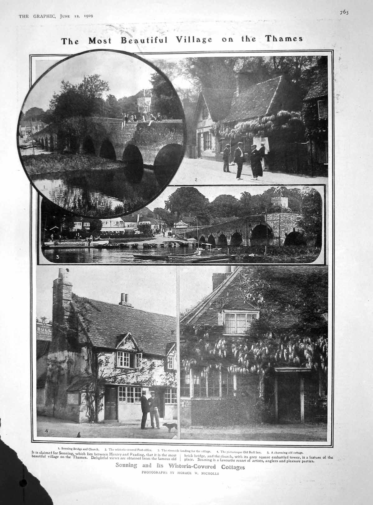 Original Old Antique Print 1909 Sonning Thames Cottages Cricket Cornwall Church