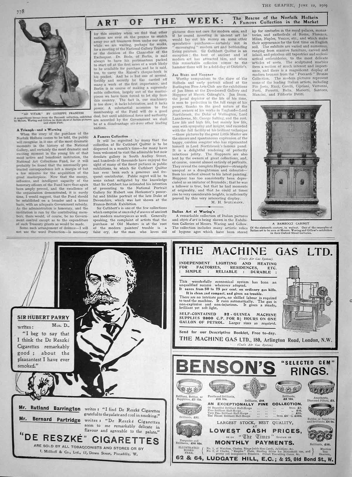 Old Antique Print 1909 Bronze Statue Poccardi Bambocci Cabinet Cigarettes 20th