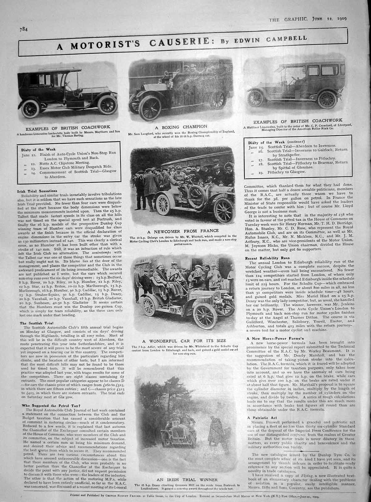 Original Old Antique Print 1909 Motor Car Limousine Langford Crawford Whittall