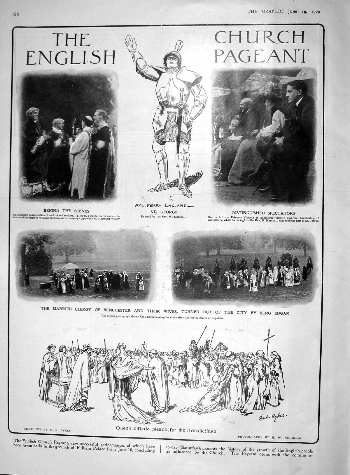Original Old Antique Print 1909 English Church Pageant Elfleda King Edgar 20th