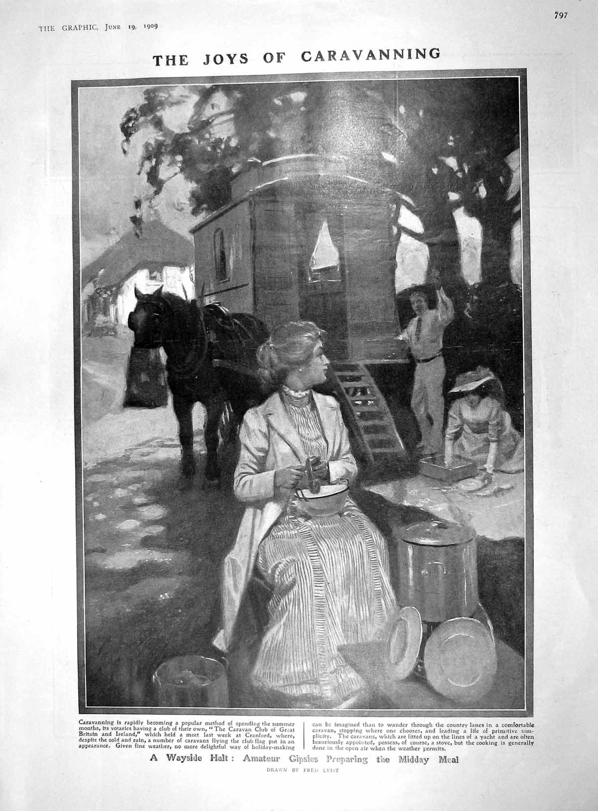 Original Old Antique Print 1909 Gipsies Caravan Cranford Woods Hartley Neville