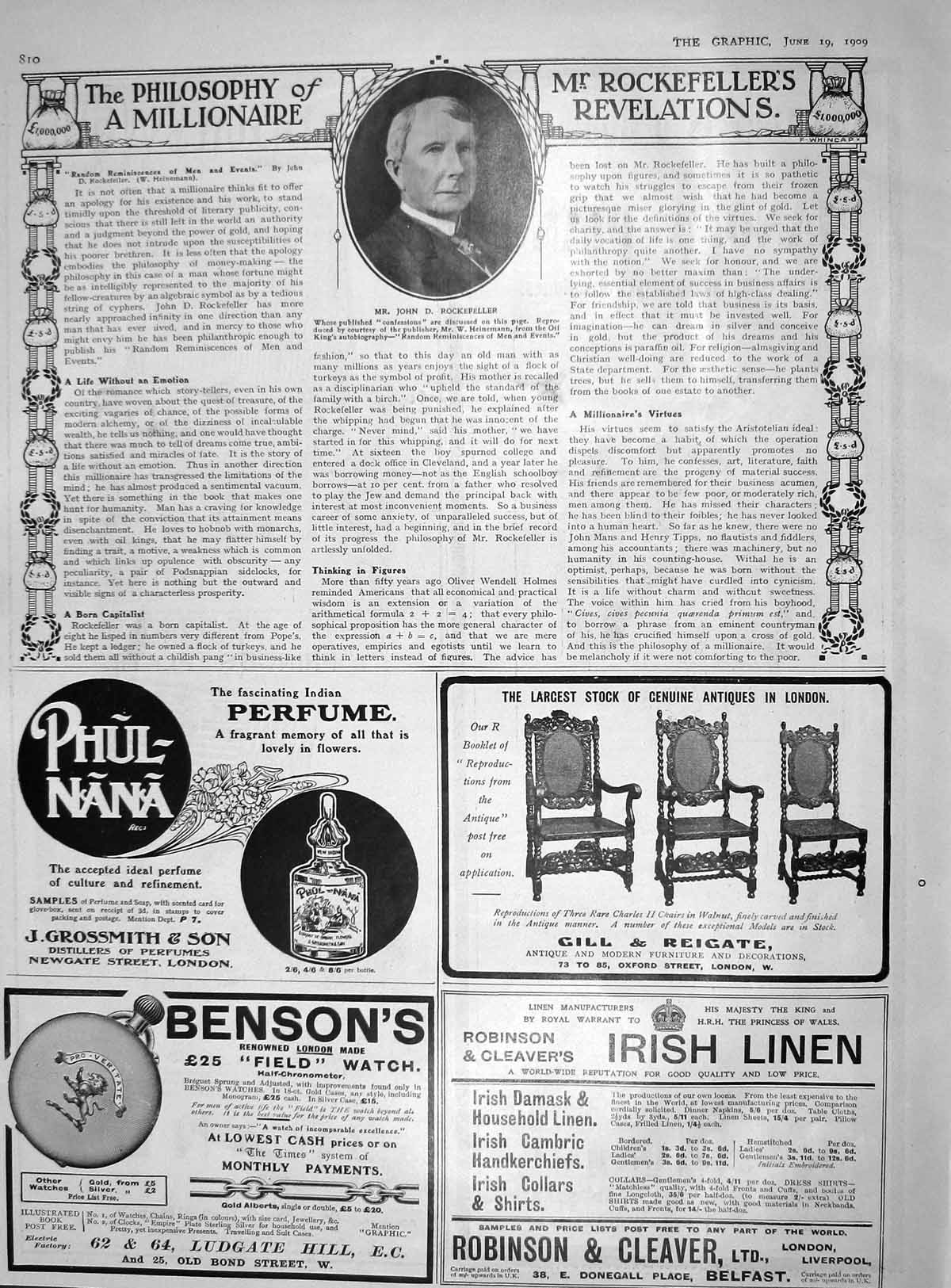 Old Antique Print 1909 John Rockefeller Portrait Perfume Grossmith Benson 20th