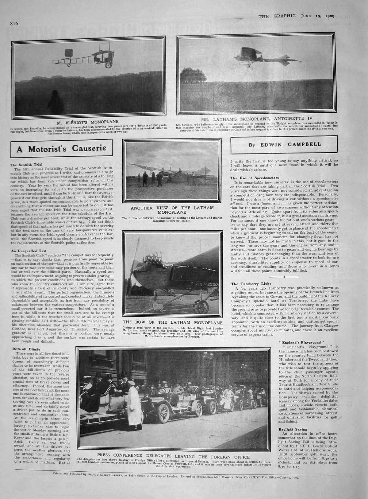 Original Old Antique Print 1909 Bleriot Monoplane Latham Antoinette Foreign 20th