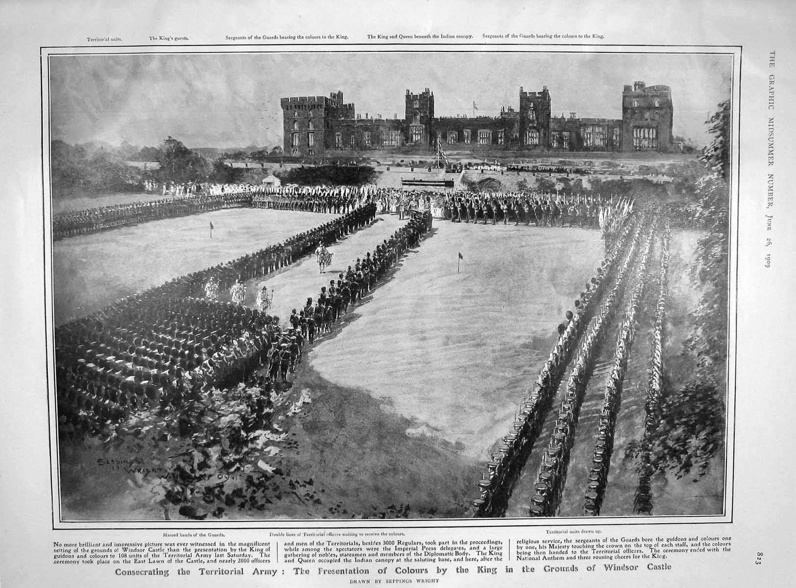 Original Old Antique Print 1909 Territorial Army King Windsor Ship Sear 20th