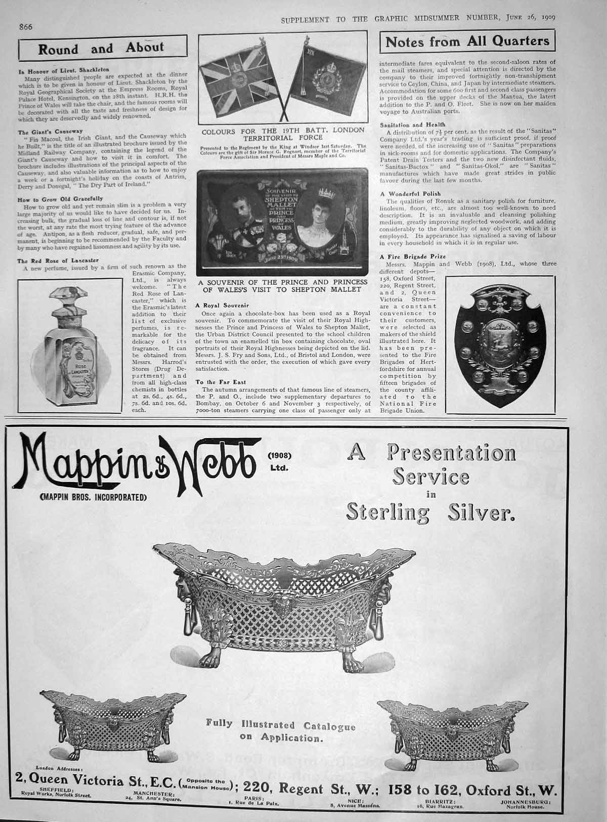 Original Old Antique Print 1909 Flag London Territorial Prince Wales Shepton