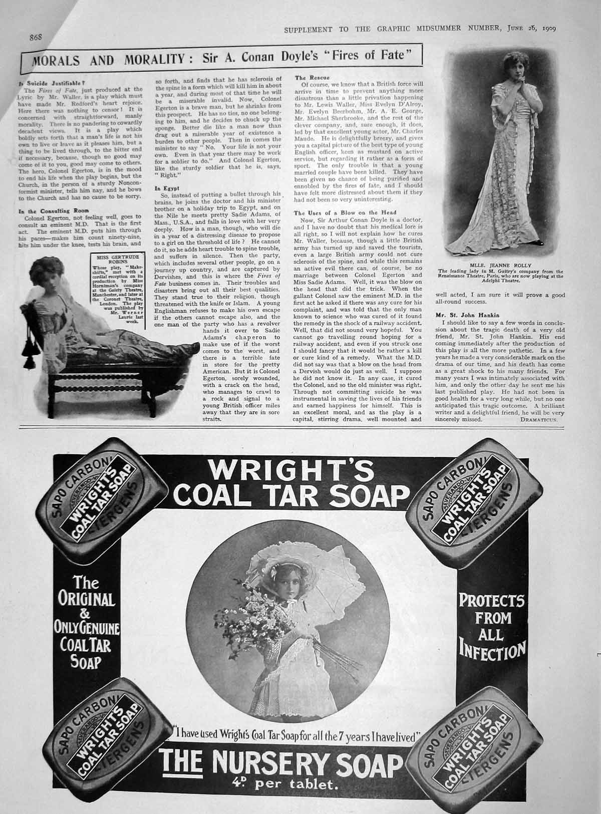 Old Antique Print 1909 Jeanne Rolly Adelphi Theatre Gertrude Robins Soap 20th