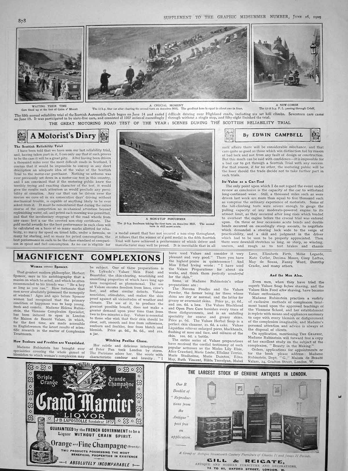 Original Old Antique Print 1909 Motor Car Scotland Crieff Amulree Hill Cair 20th