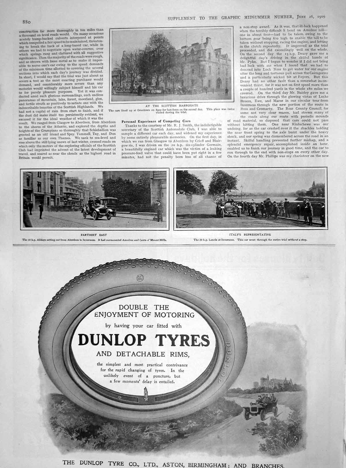 Old Antique Print 1909 Motor Cars Grantown Spey Inverness Alldays Smith 20th