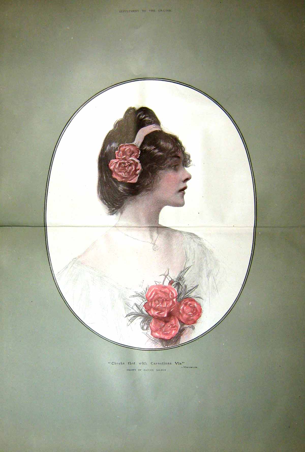 Original Old Antique Print 1909 Colour Portrait Beautiful Girl Carnations 20th