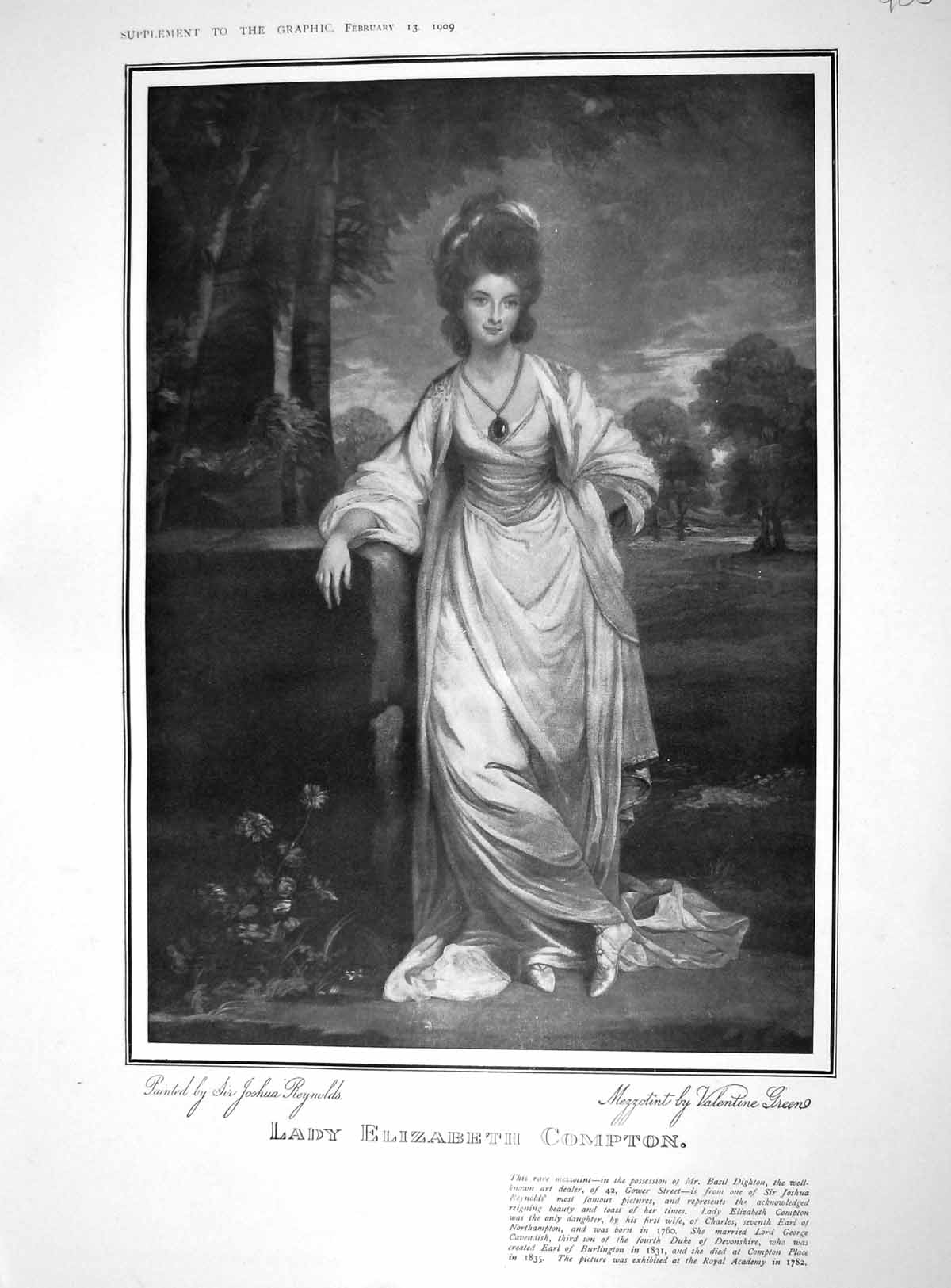 Original Old Antique Print 1909 Portrait Lady Elizabeth Compton Reyns 20th