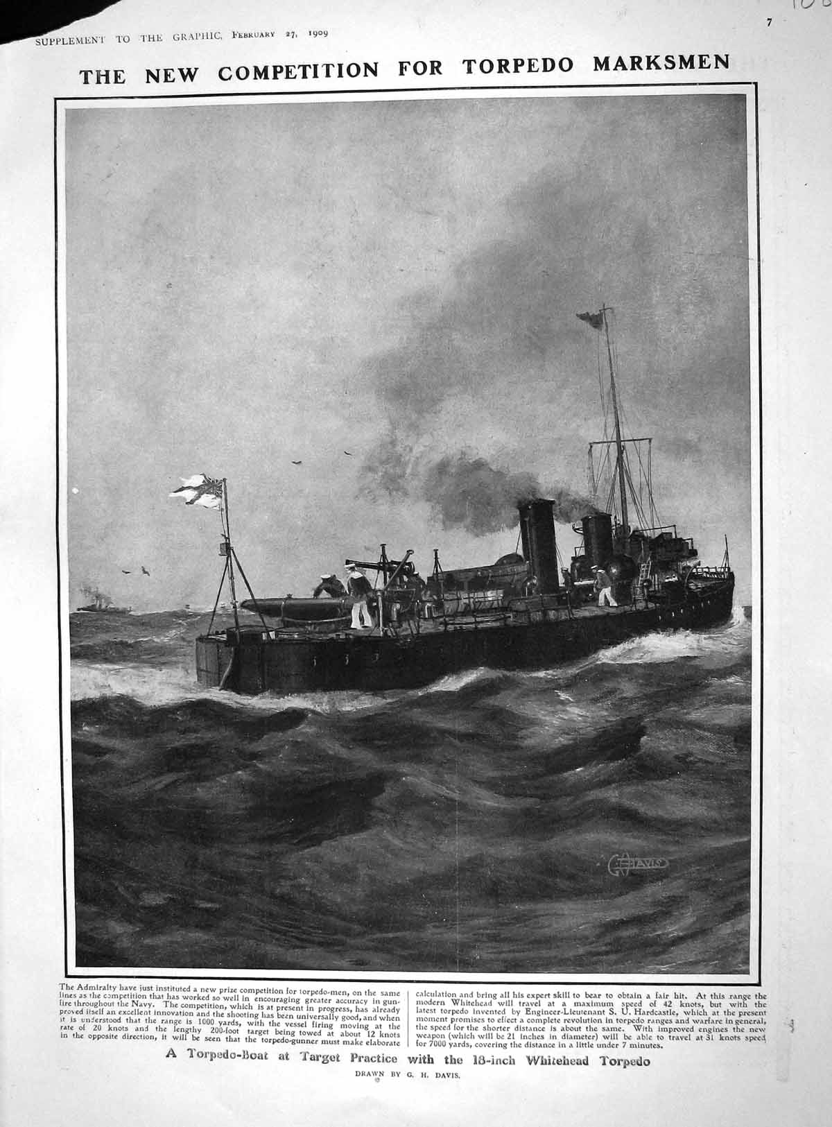Original Old Antique Print 1909 Whitehead Torpedo Boat War Navy Lowry Milne May