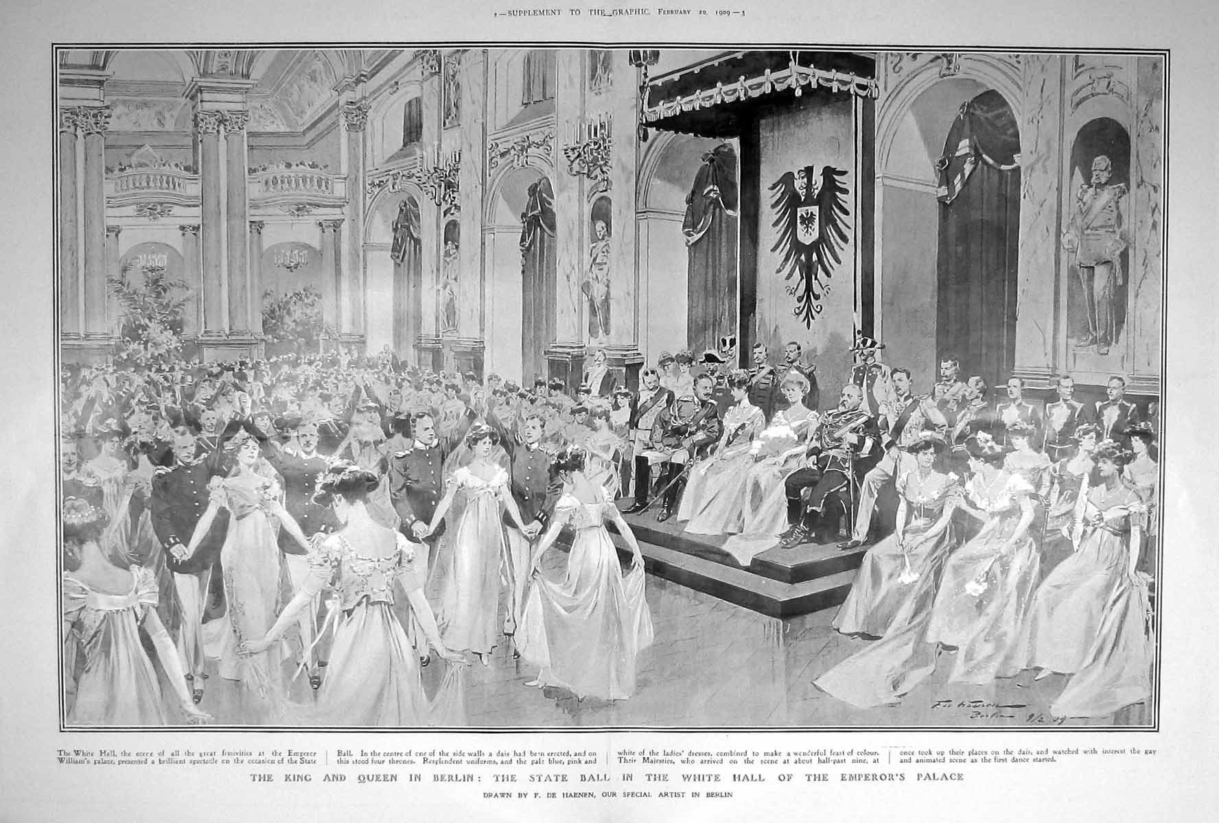 Original Old Antique Print 1909 King Queen Berlin State Ball White Hall Palace