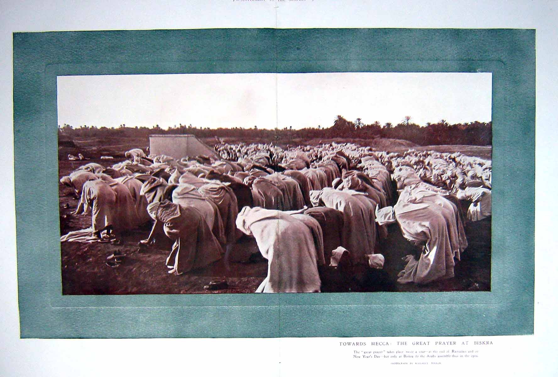 Original Old Antique Print 1909 Scene Great Prayer Biskra Mecca Arabs Ramadan