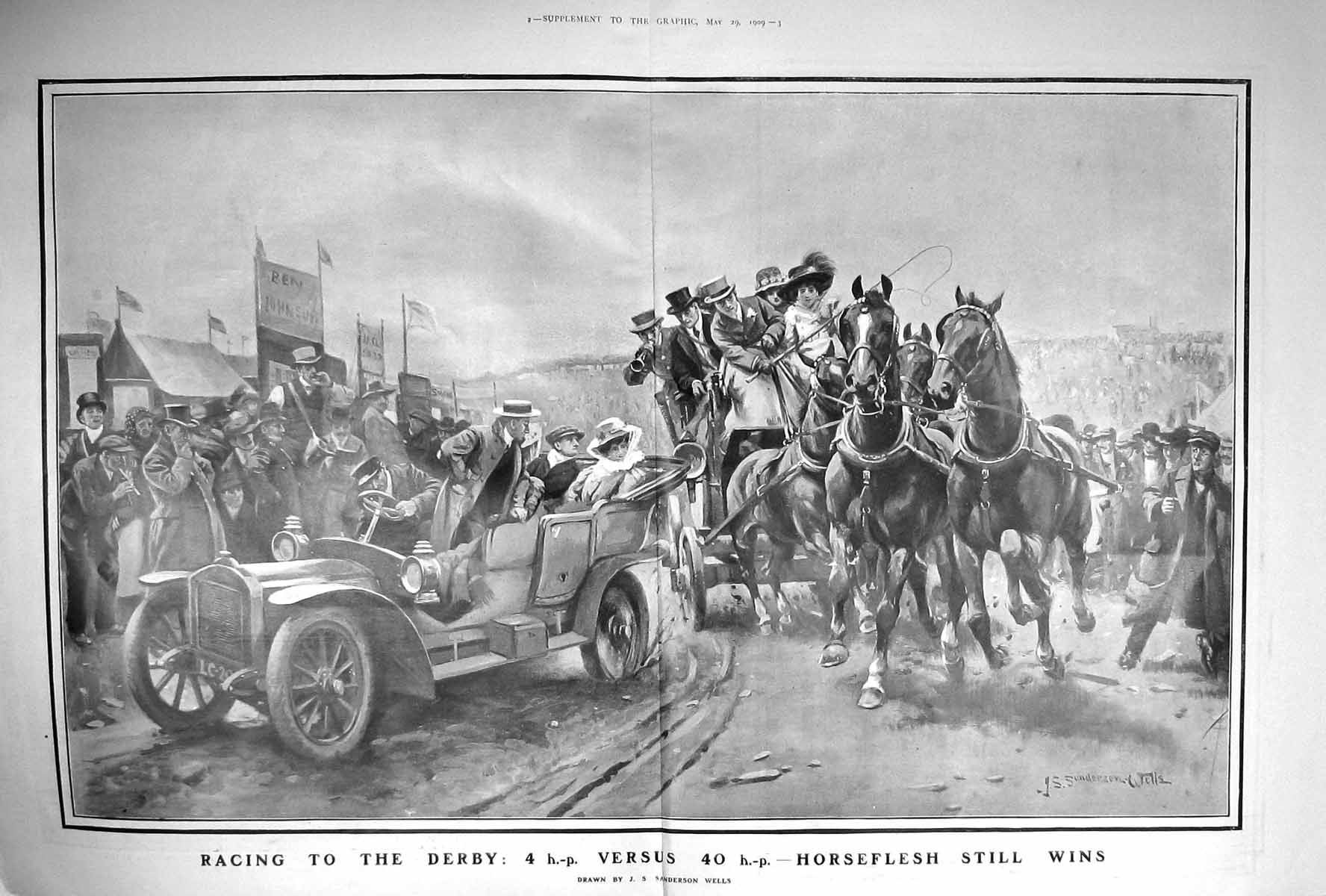 Original Old Antique Print 1909 Transport Derby Horse Racing Motor Car Wells
