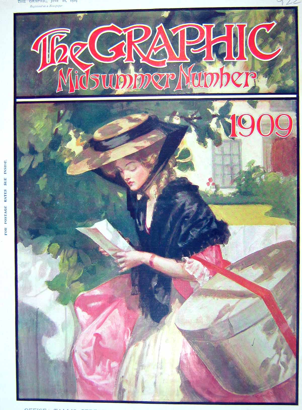 Original Old Antique Print 1909 Colour Lady Reading Letter Graphic Summer 20th