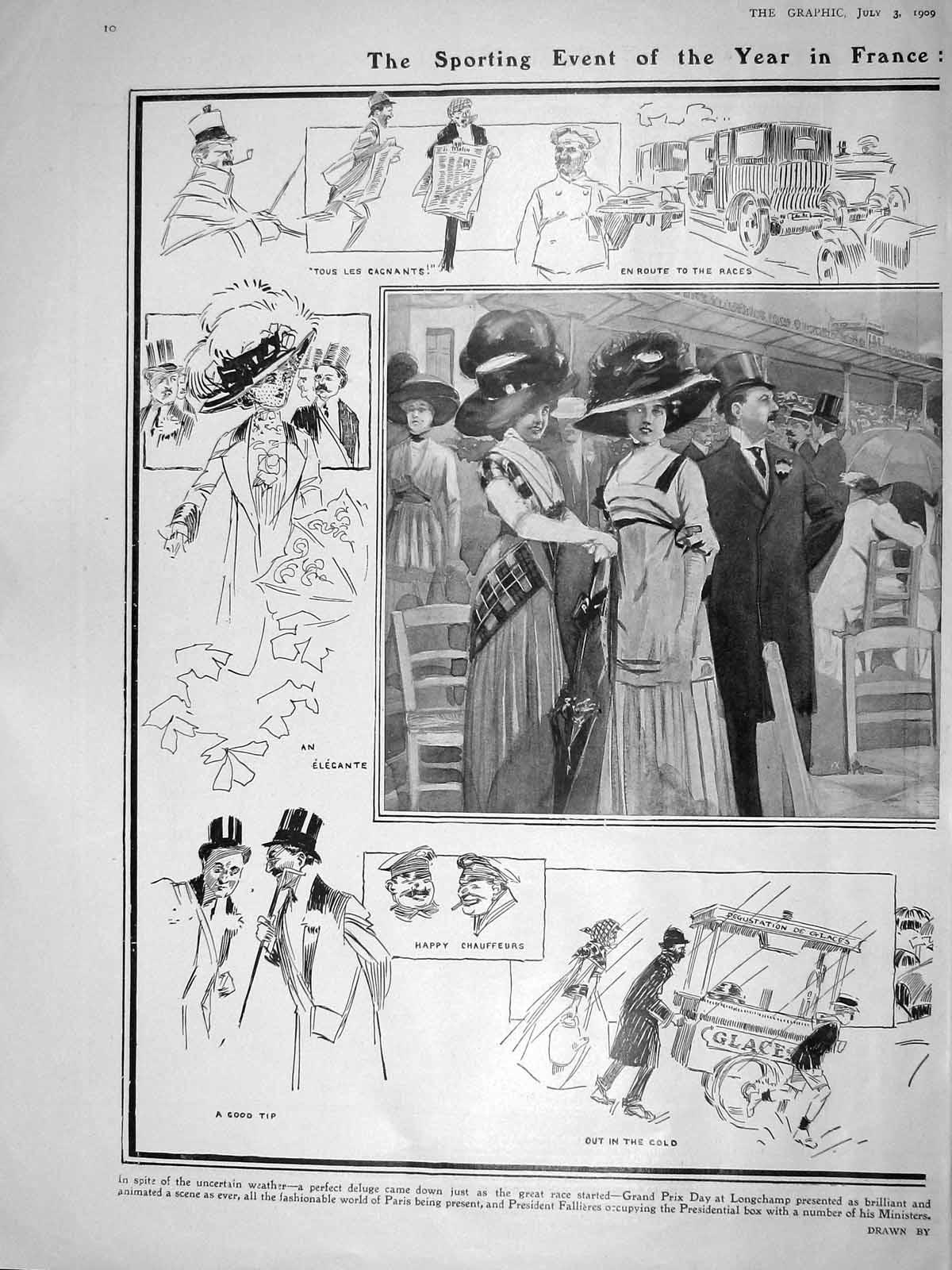 Original Old Antique Print 1909 Lonchamp Grand Prix France Horse Racing Sport