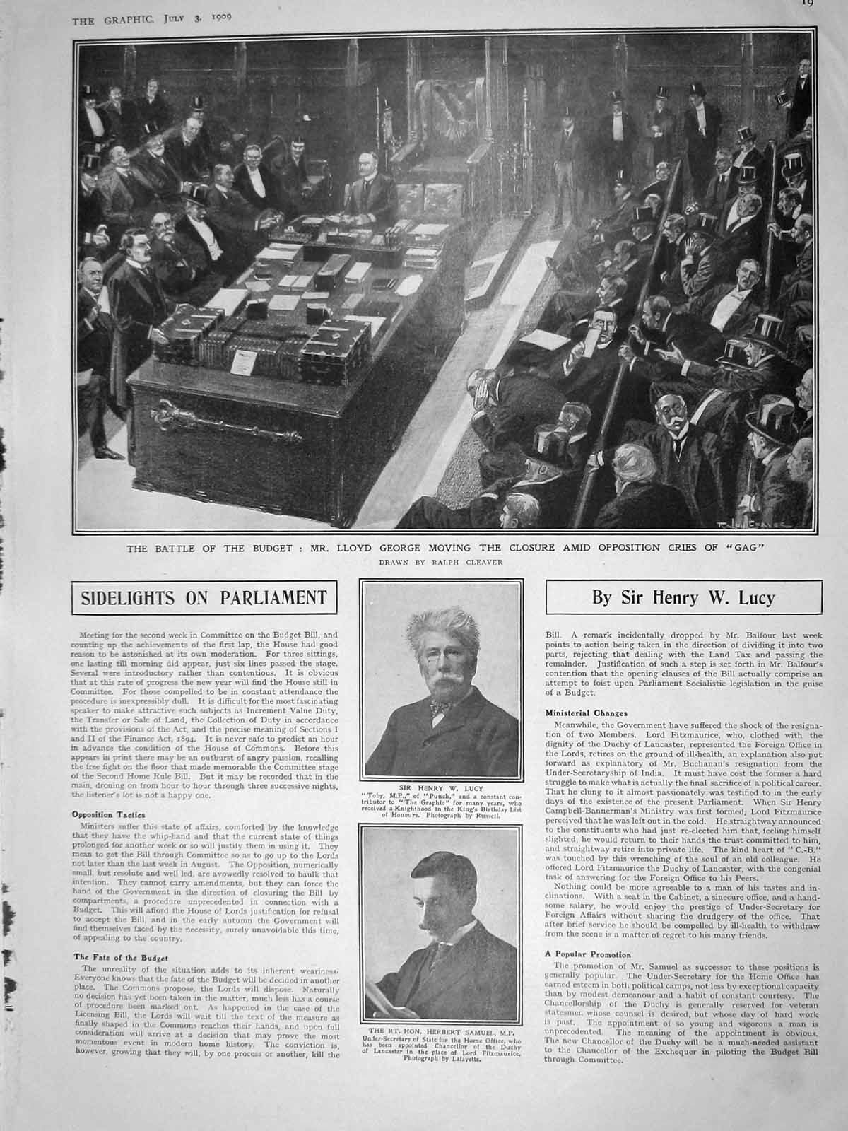 Old Antique Print 1909 Battle Budget Lloyd George Samuel Lucy Queen Spain 20th