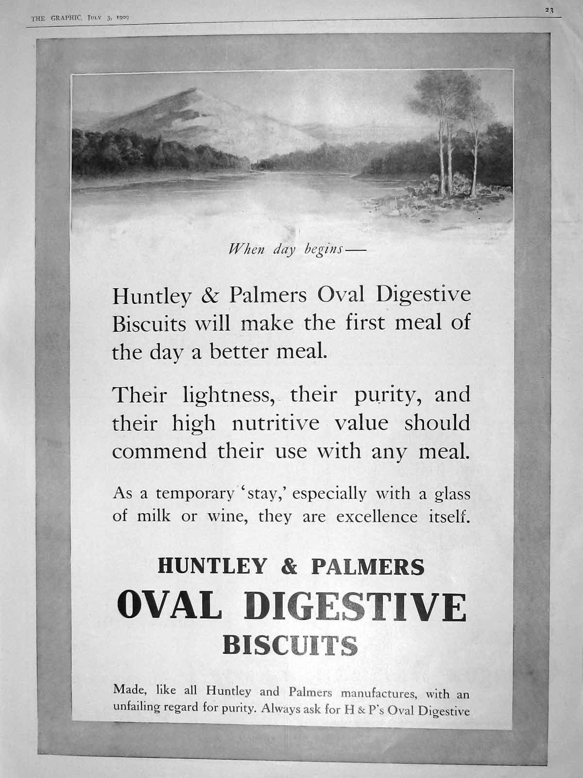 Original Old Antique Print 1909 Advertisement Oval Digestive Biscuits Huntley