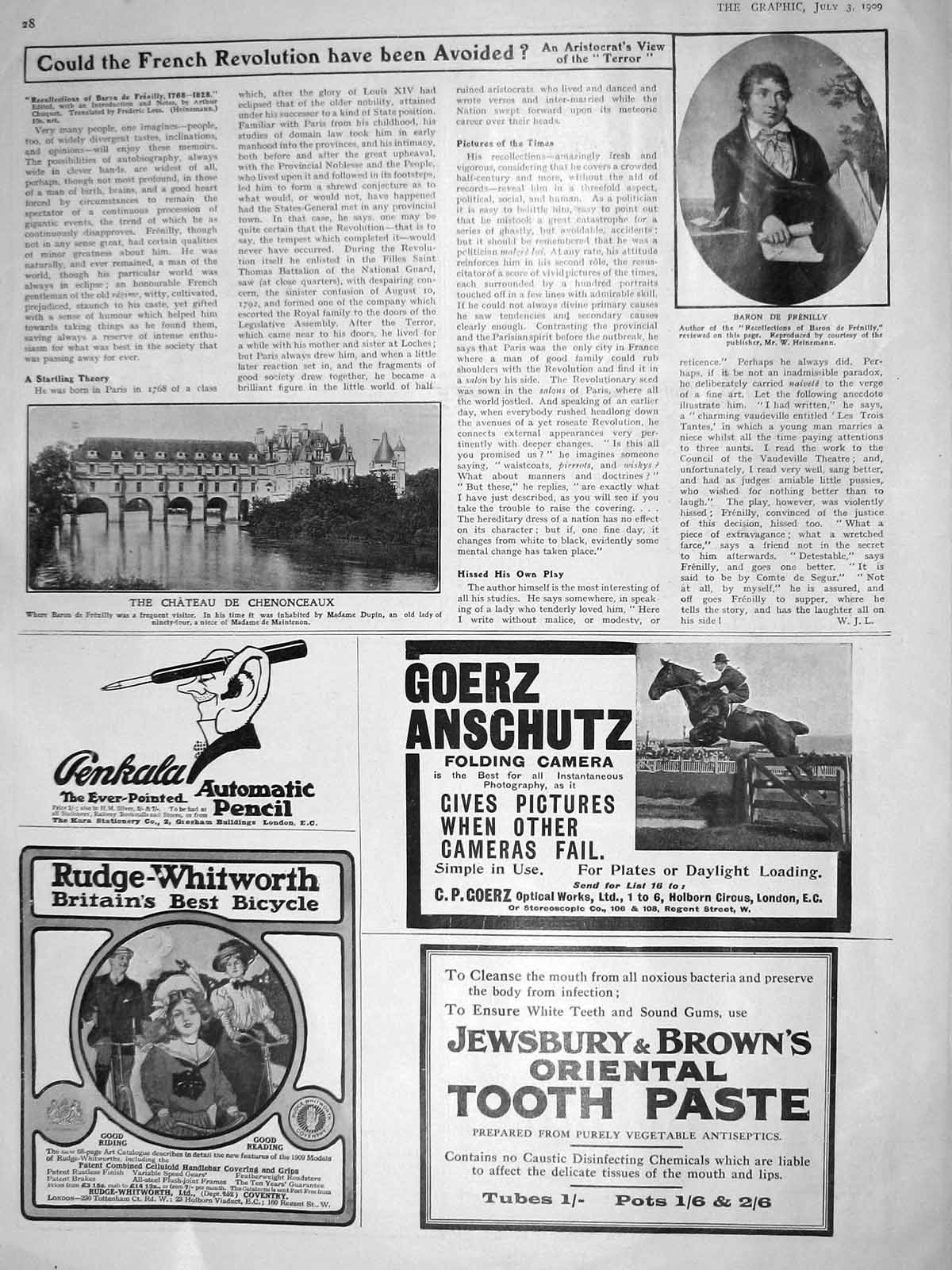 Old Antique Print 1909 Baron Frenilly Chateau Chenonceaux Rudge-Whitworth 20th
