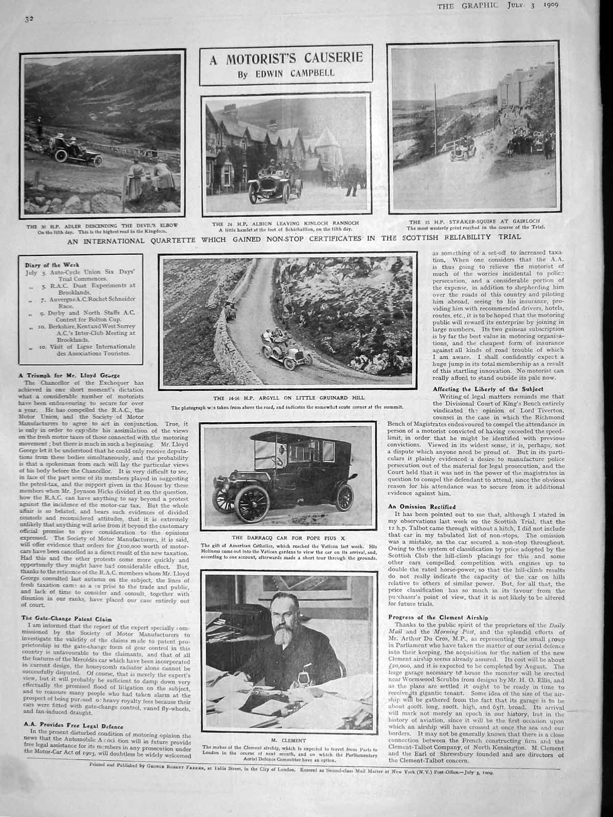 Old Antique Print 1909 Albion Motor Car Straker-Squire Adler Clement Pius 20th