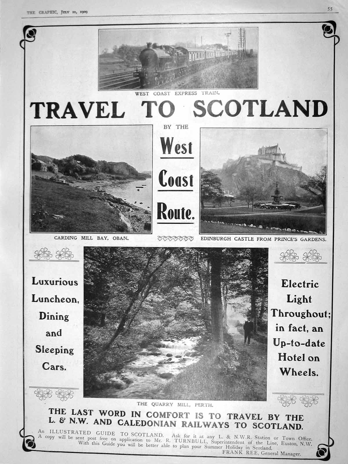 Original Old Antique Print 1909 Advertisement West Coast Express Train Scotland