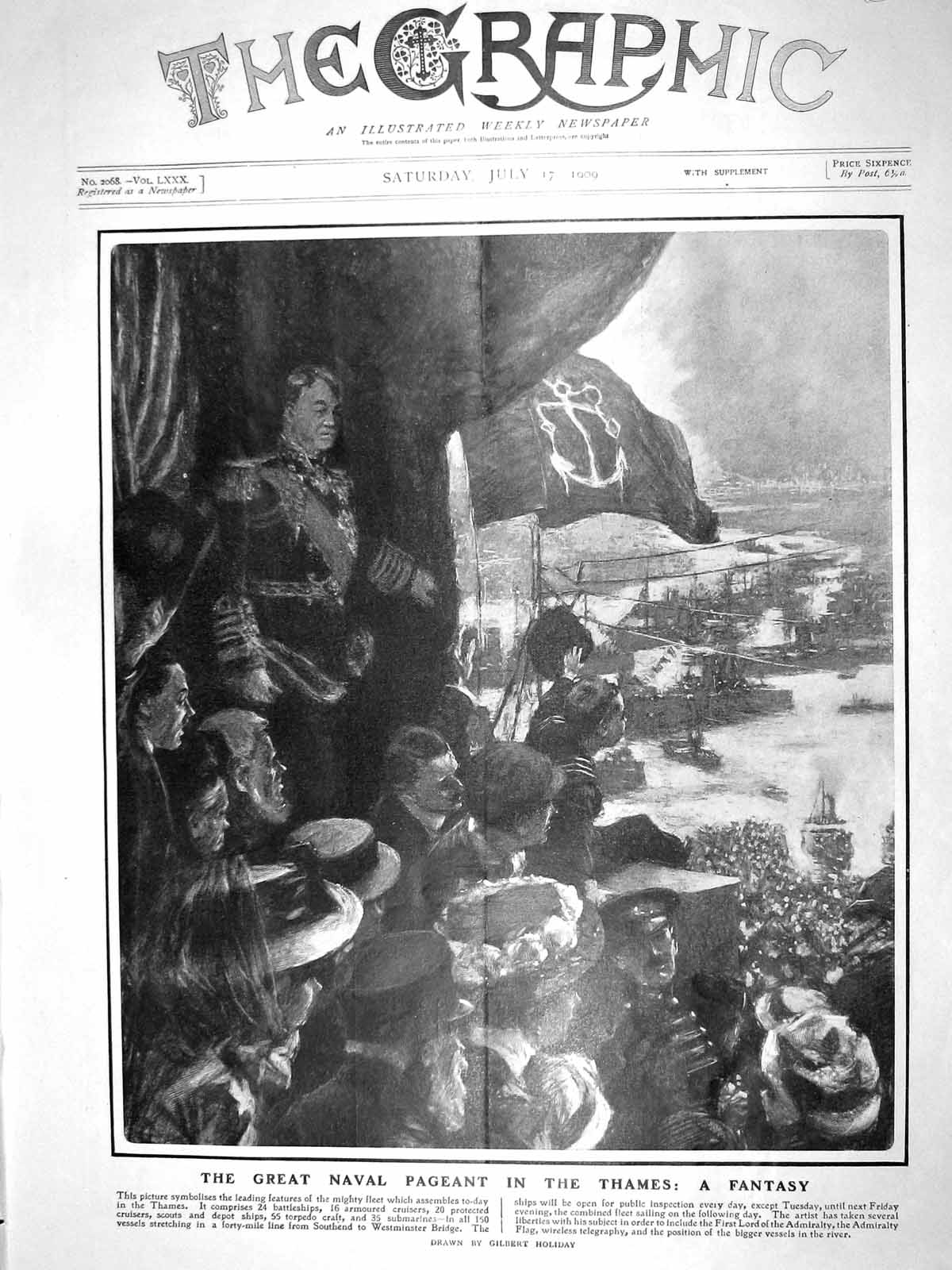 Original Old Antique Print 1909 Naval Pageant River Thames Battle Ships London
