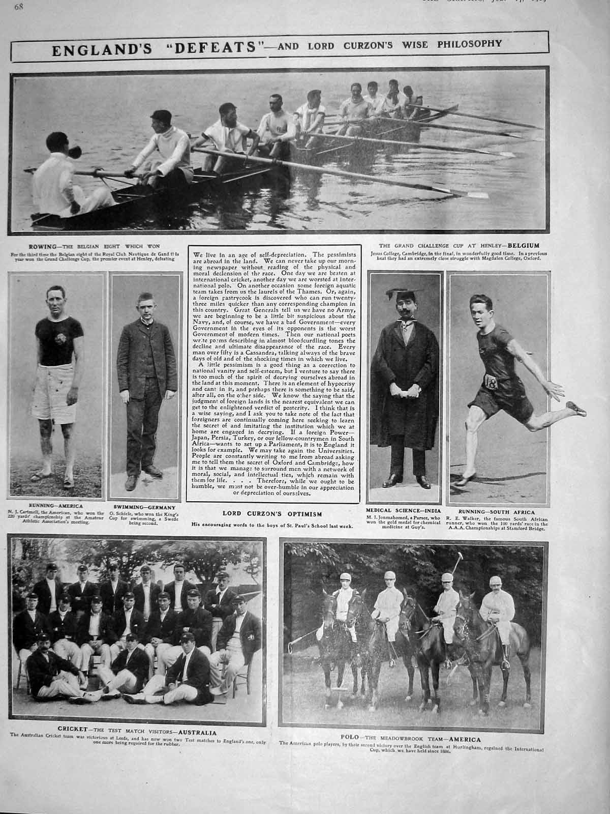 Original Old Antique Print 1909 Sport Rowing Curzon Cricket Polo French Forth