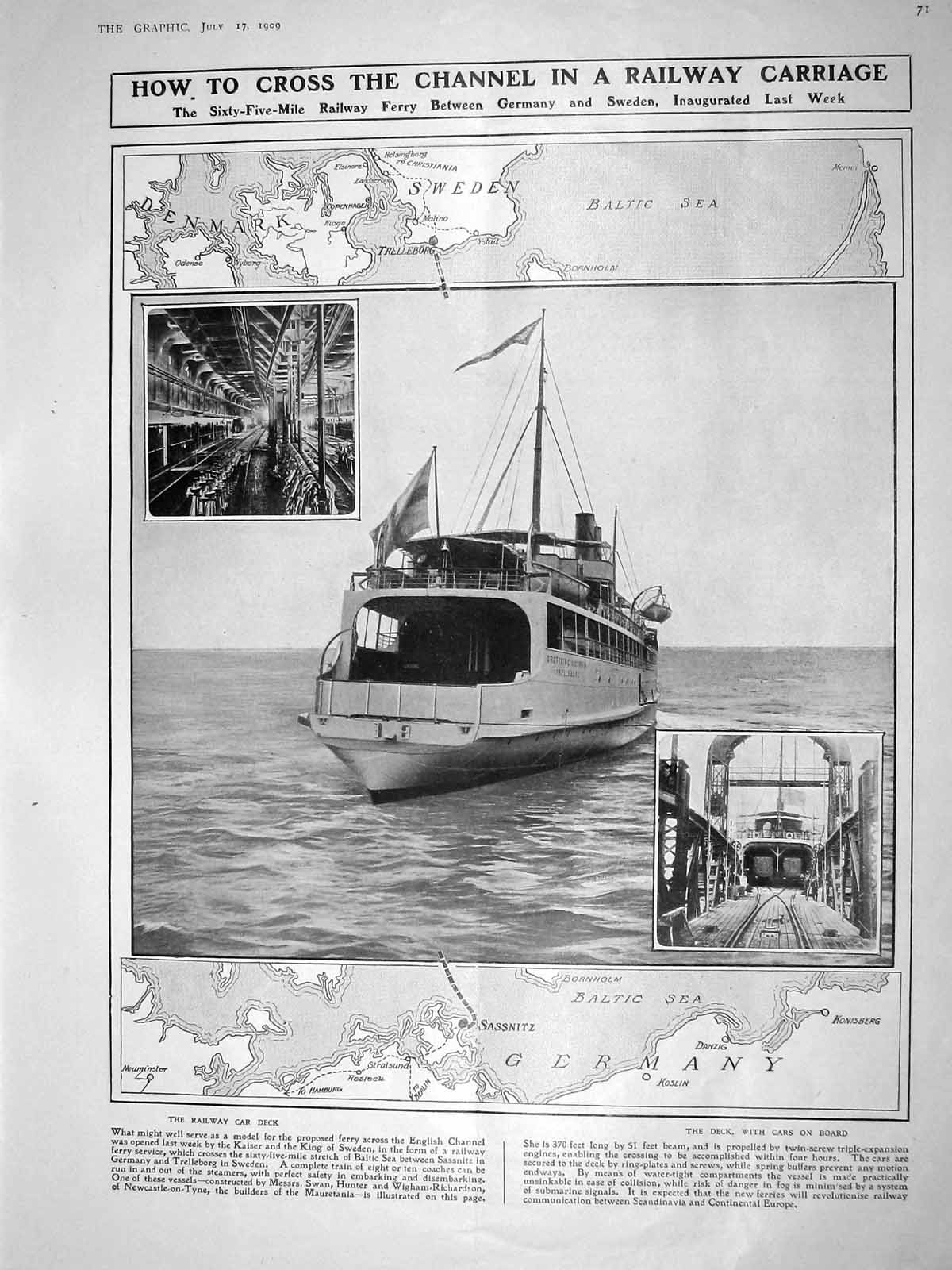 Old Antique Print 1909 Ferry Germany Sweden Navy Truscott May Submarines 20th