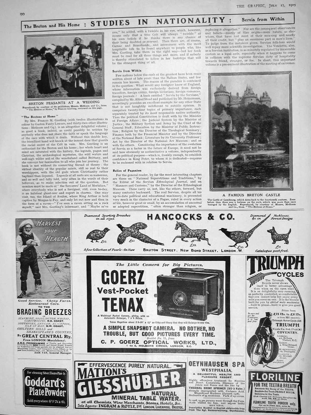 Original Old Antique Print 1909 Breton Castle Combourg Wedding Triumph Cycles