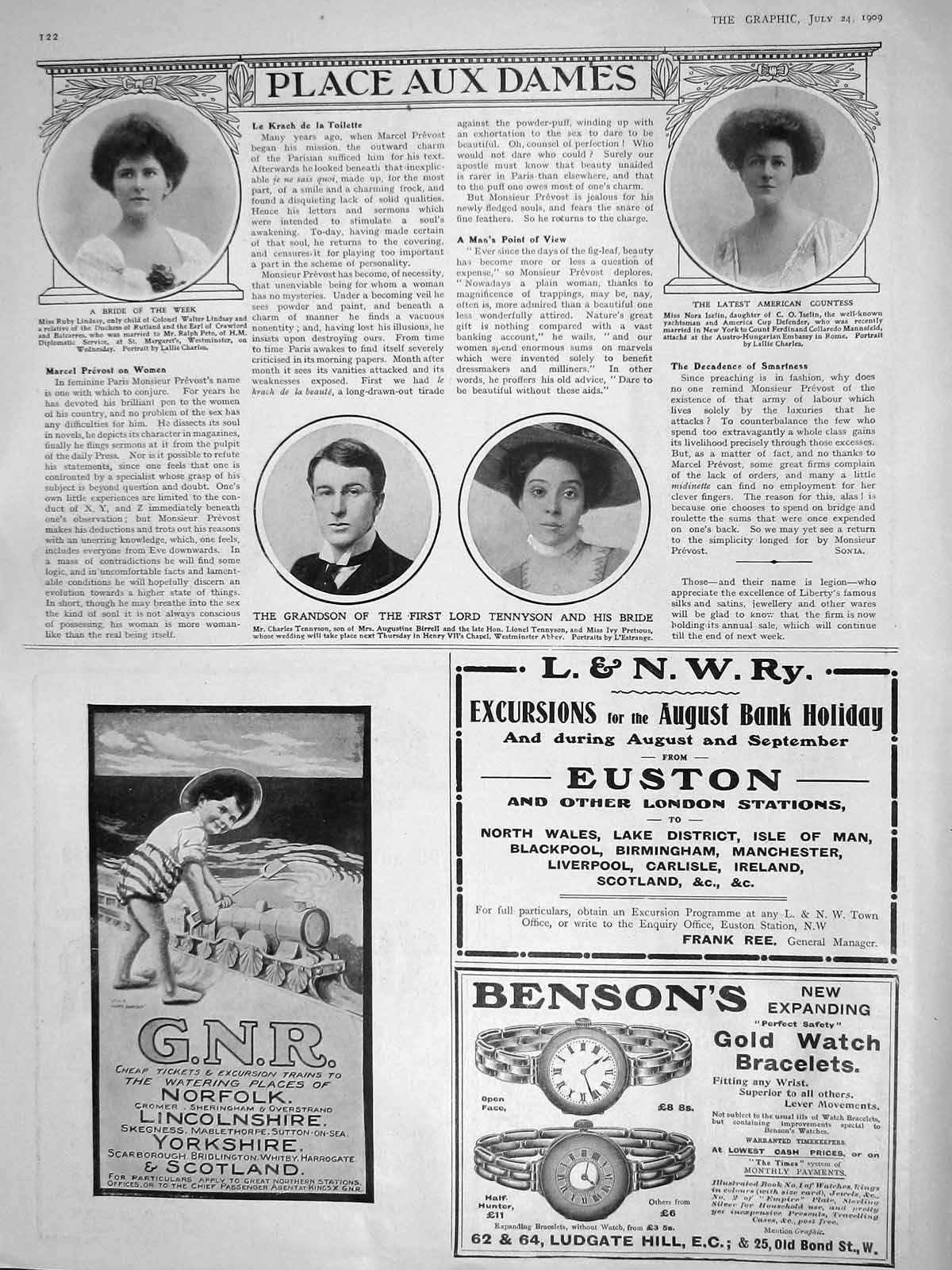 Old Antique Print 1909 Lindsay Nore Iselin Tennyson Ivy Pretious G.N.R. 20th