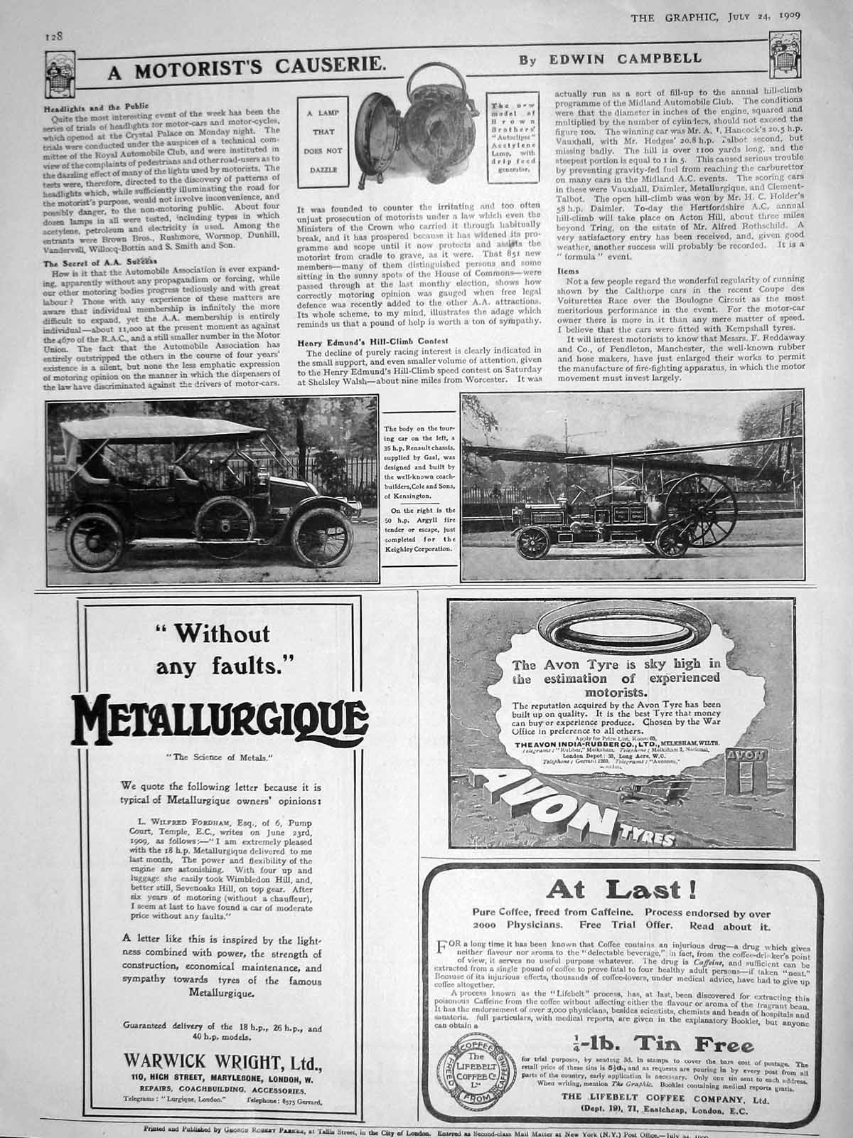 Original Old Antique Print 1909 Touring Motor Car Argyll Metallurgique Coffee
