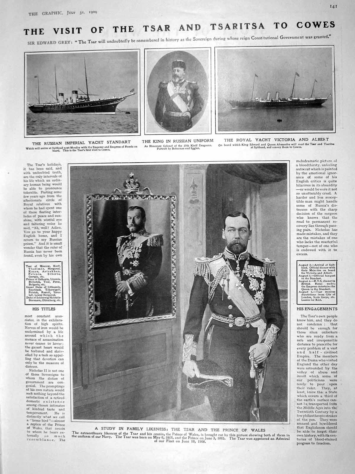 Original Old Antique Print 1909 Tsar Prince Wales Yacht Victoria Bisley Cricket