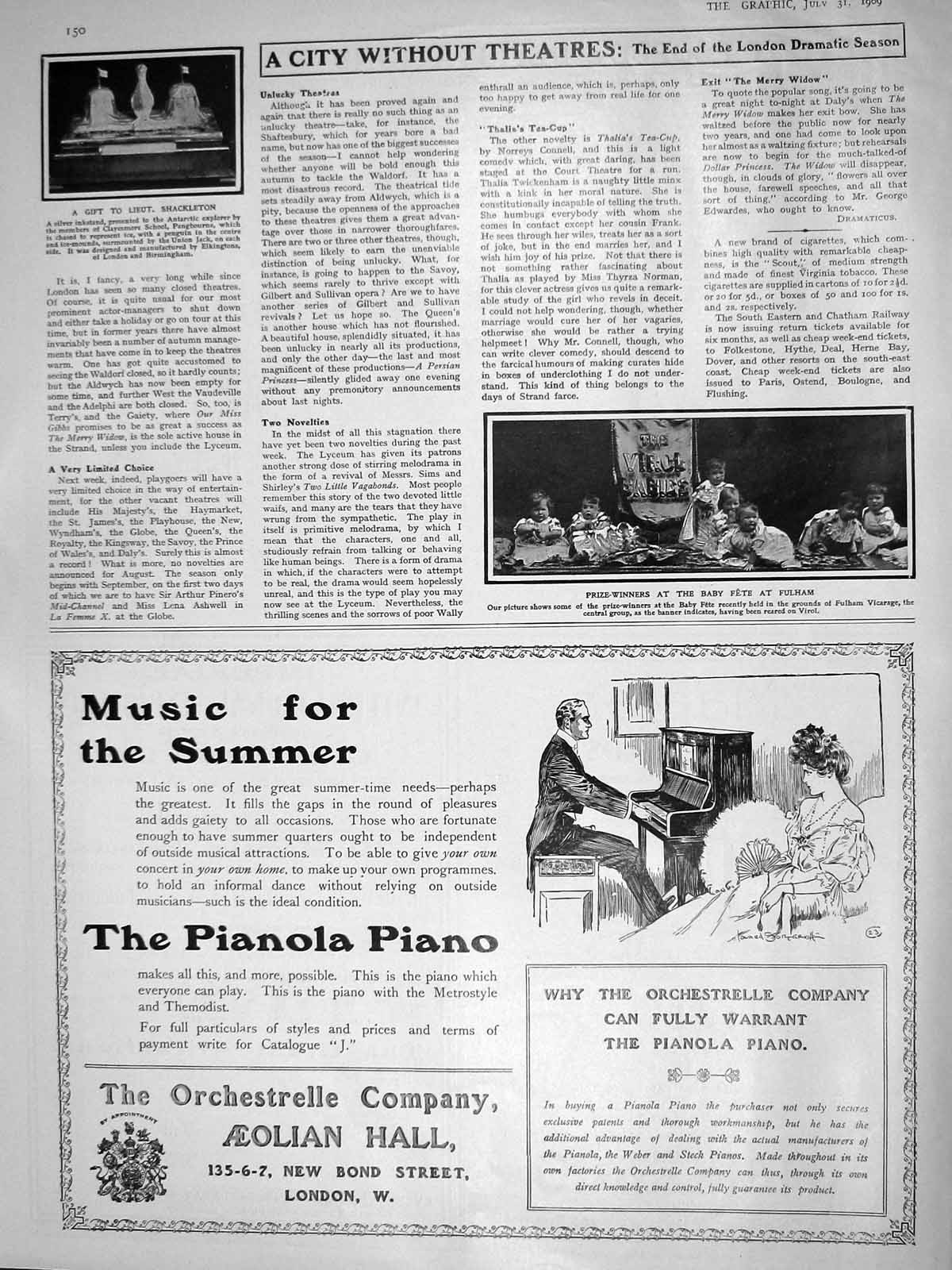 Old Antique Print 1909 Shackleton Silver Inkstand Baby Fete Fulham Piano 20th