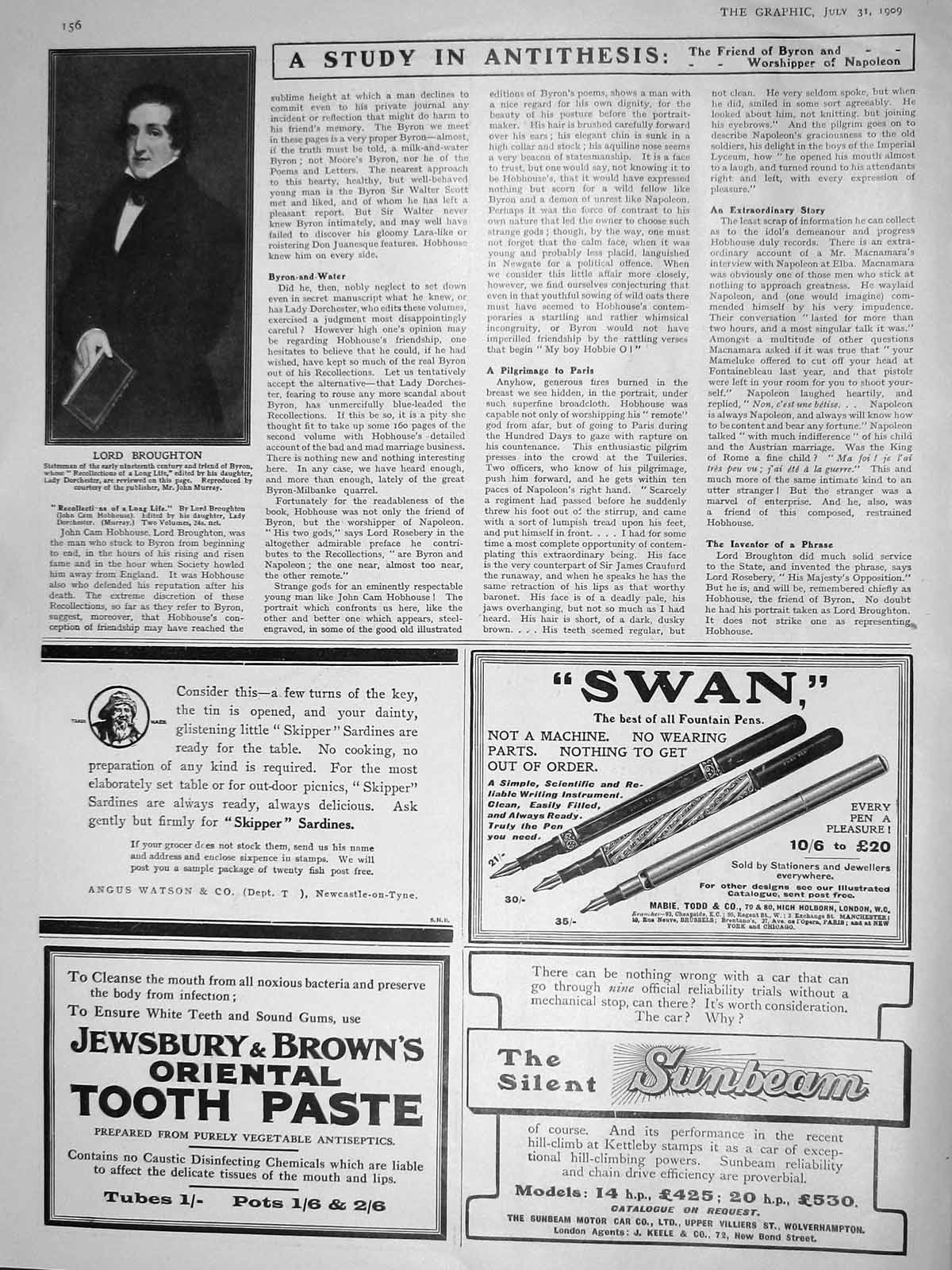 Original Old Antique Print 1909 Lord Broughton Statesman Swan Fountain Pen 20th