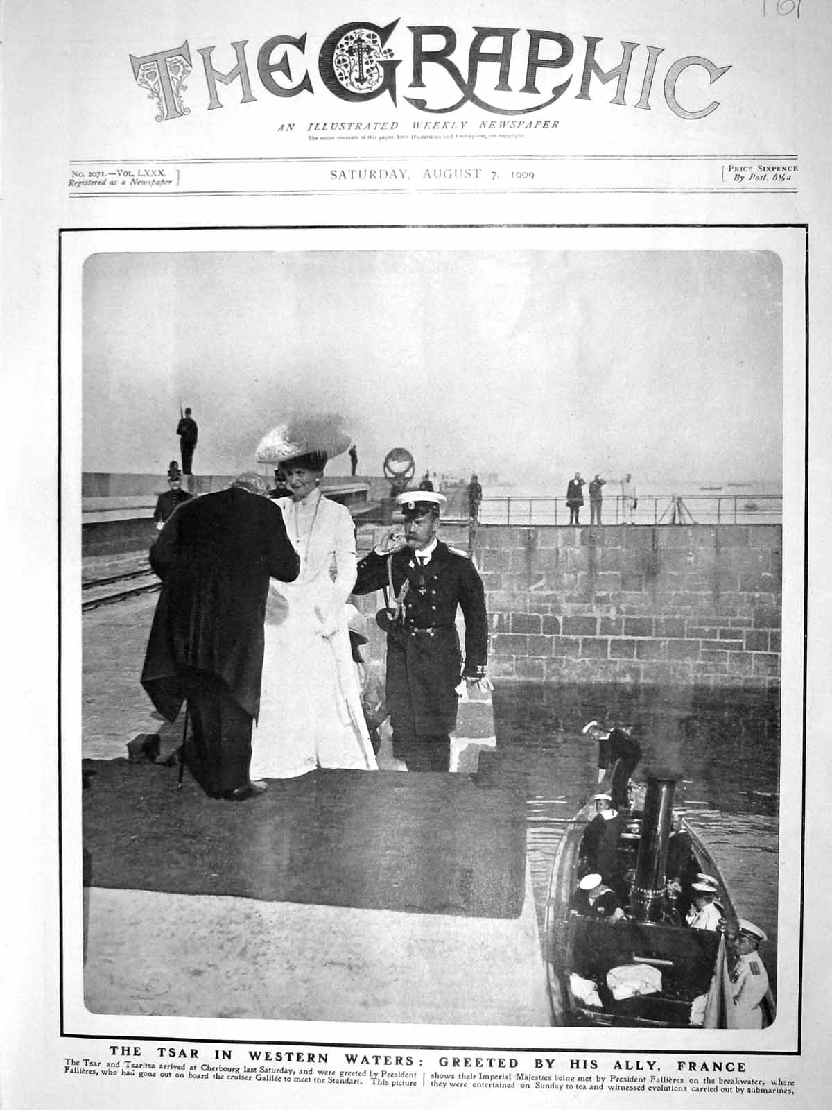 Old Antique Print 1909 Tsar Tsaritsa Cherbourg Fallieres Galilee France 20th