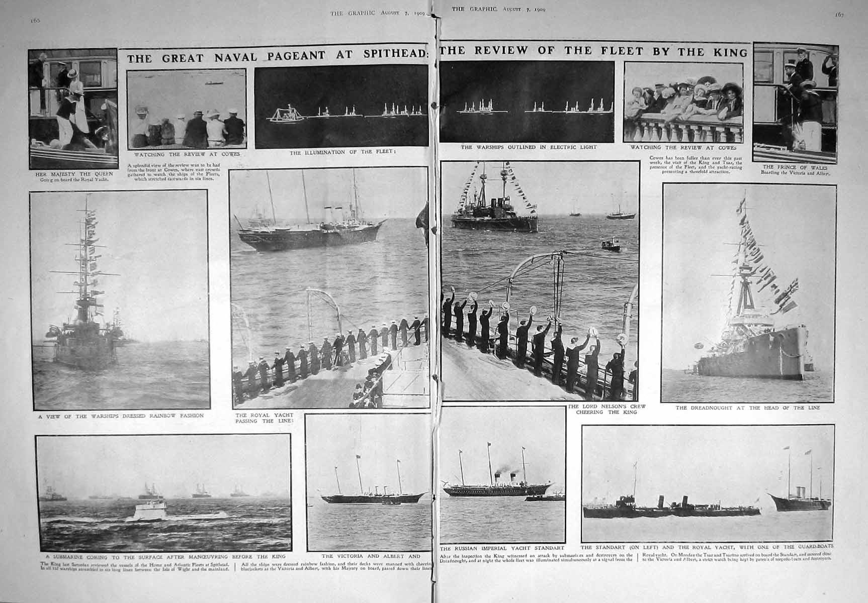Original Old Antique Print Damaged 1909 War Ships Spithead Victoria Nelson