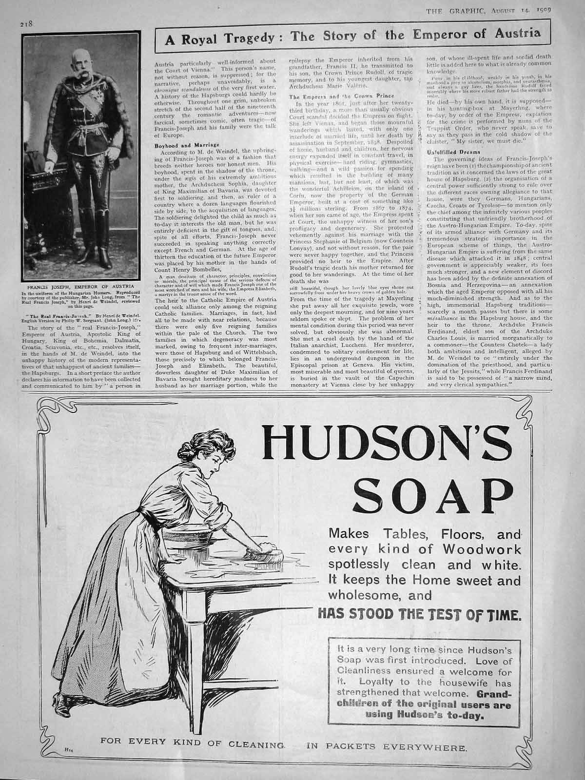 Original Old Antique Print 1909 Francis Joseph Emperor Austria Hudsons Soap