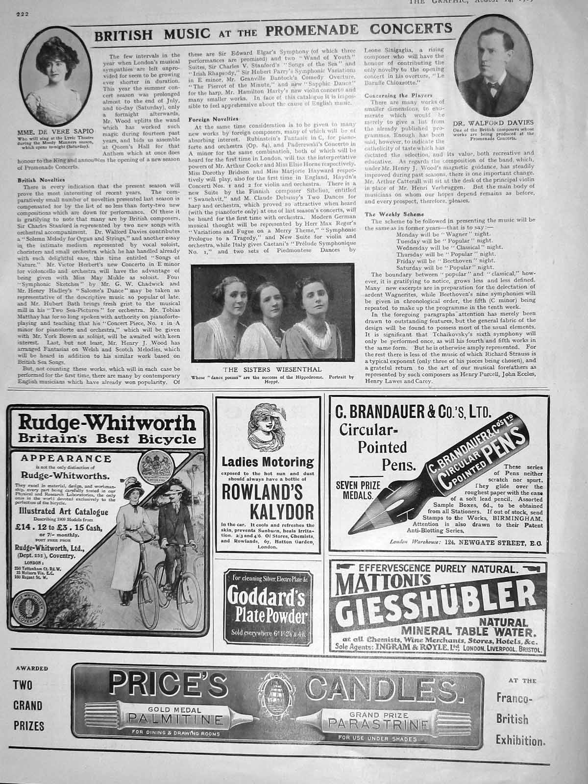 Original Old Antique Print 1909 Sisters Wiesenthal Walford Davies Vere Sapio