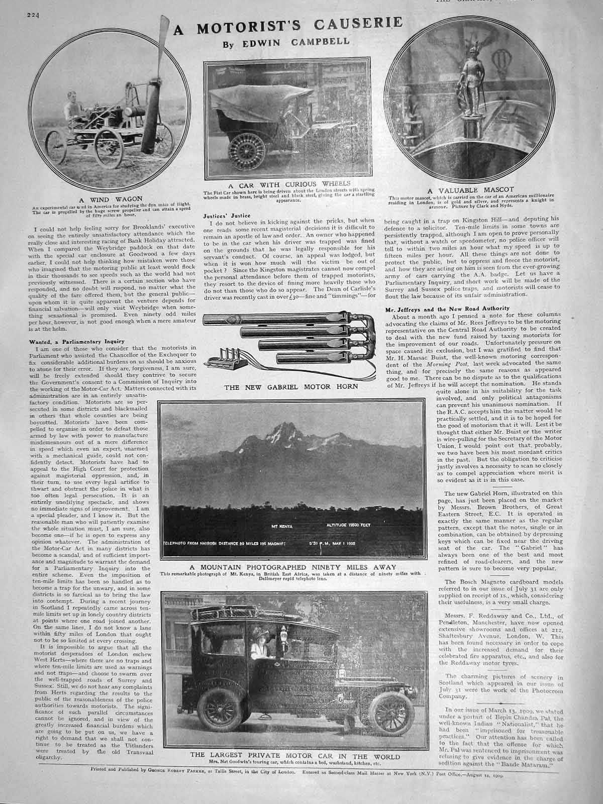 Original Old Antique Print 1909 Fiat Motor Car Gabriel Horn Goodwin Mt. Kenya