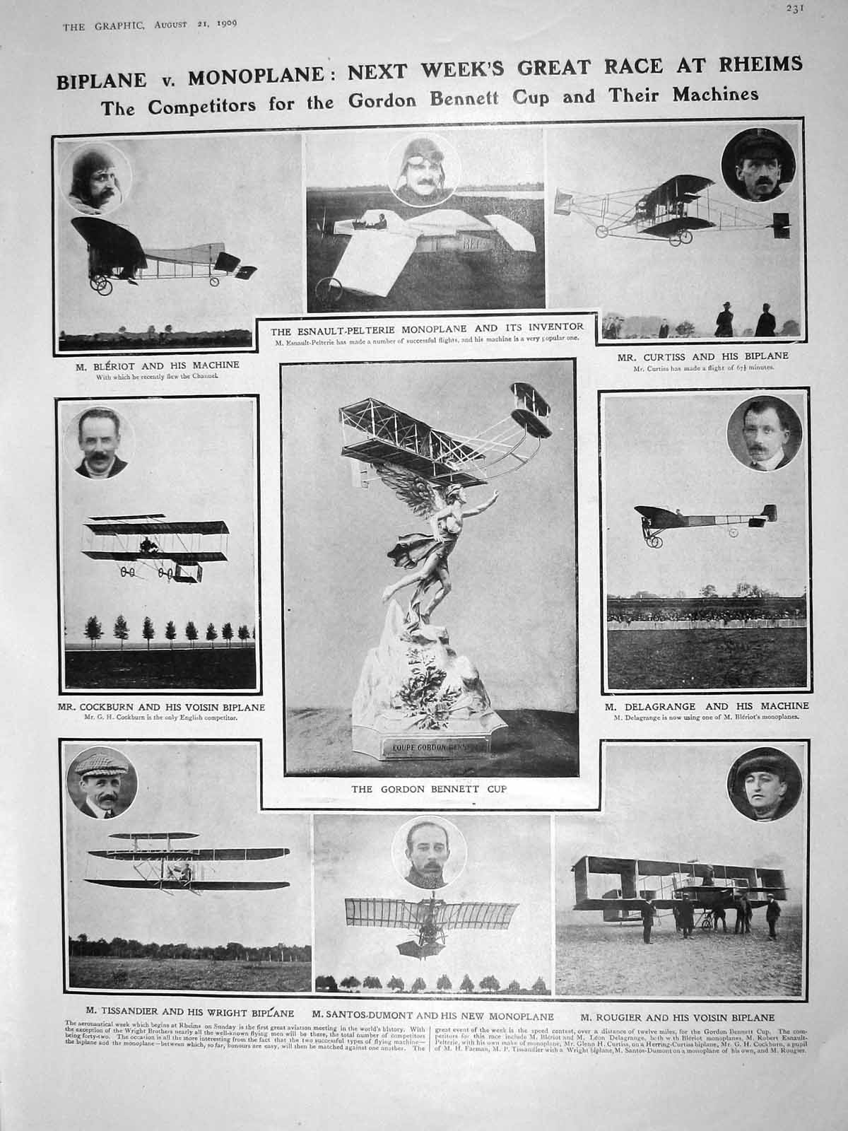 Original Old Antique Print 1909 Bleriot Cockburn Curtiss Gordon-Bennett Melilla