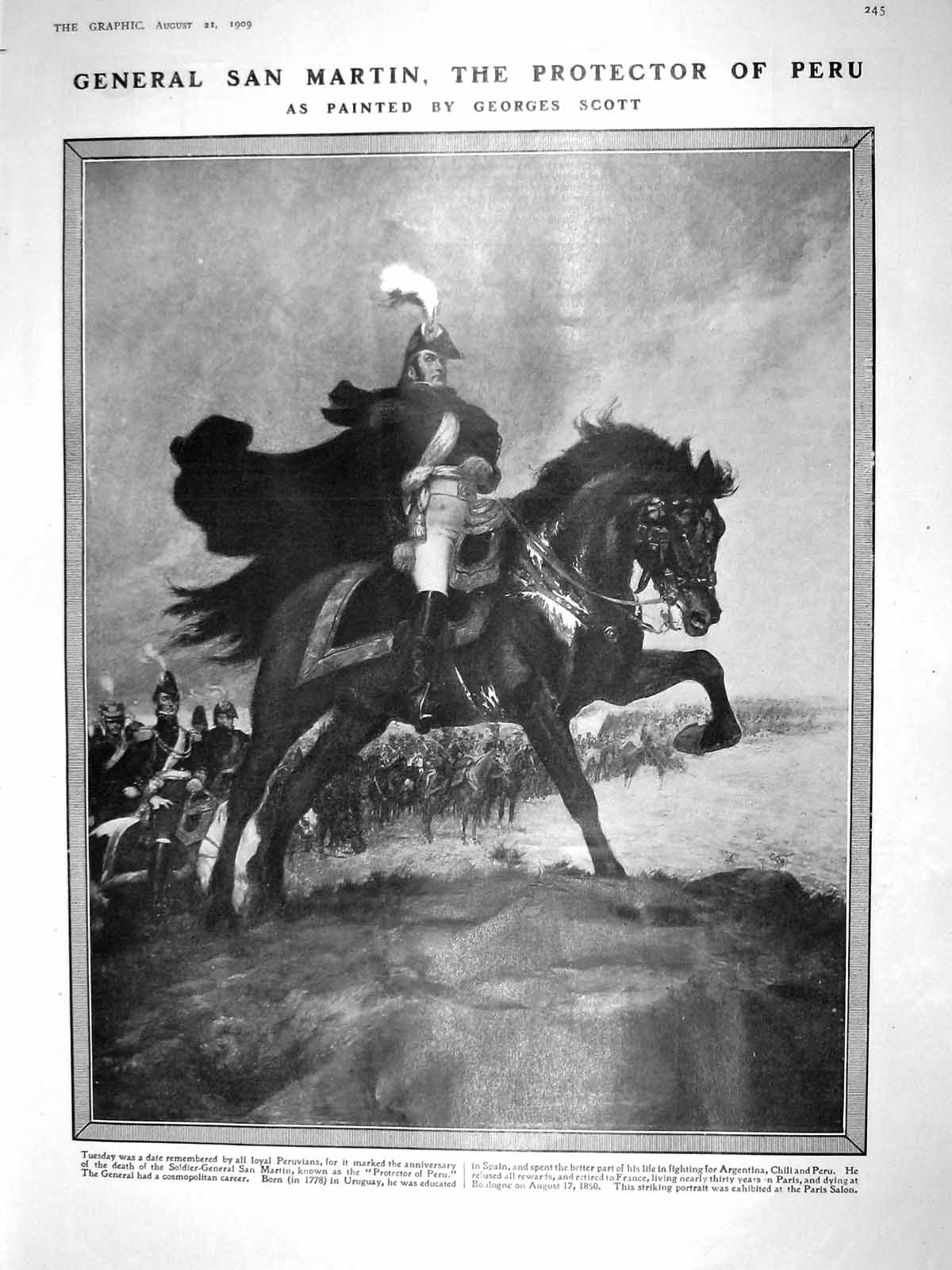 Original Old Antique Print 1909 General San Martin Peru Ambulance Dog Joan Arc