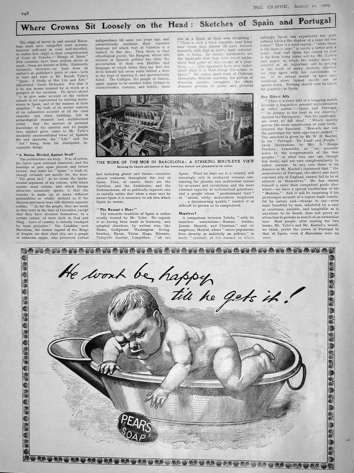 Old Antique Print 1909 Mob Barcelona Church Convent Geronimo Pears Soap 20th